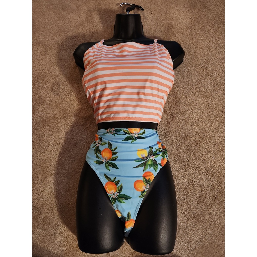 Davi & Dani Intimates Citrus Stripe Bikini Set High Waist Orange Lemon Print 1XL